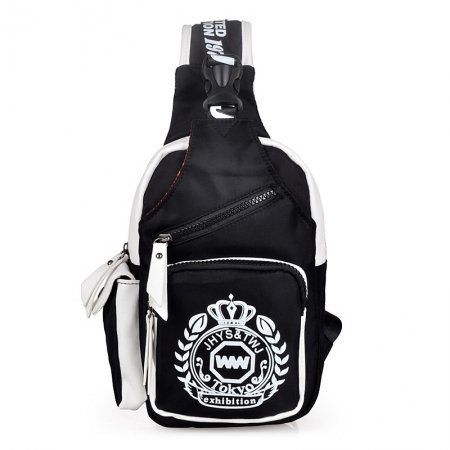 Black White Nylon Boys Anti Theft Crossbody Shoulder Chest Bag Personalized Medallion Crown Monogrammed Print Sling Travel Backpack