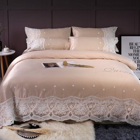Champagne and White Vintage Lace Applique Flower Monogrammed Romantic Feminine Sophisticated Elegant Full, Queen Size Bedding Sets