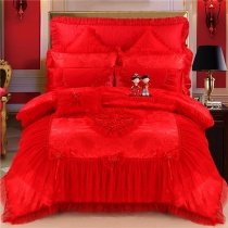 Red Embroidered Rose Vintage Shabby Chic Lace Ruffle Bow Wedding Themed Feminine Jacquard Satin Full, Queen Size Bedding Sets