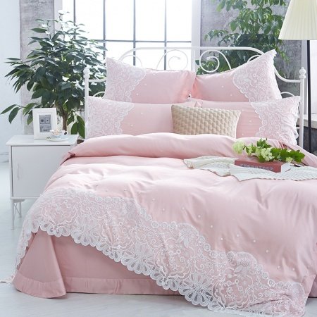 Blush Pink Bohemian Tribal Pattern Applique Vintage Victorian Lace Sophisticated Elegant Romantic Girls Full, Queen Size Bedding Sets
