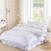 Romantic White Lace Wedding Themed Pom Pom Style Sophisticated Elegant Girls Twin, Full, Queen Size Bedding Sets