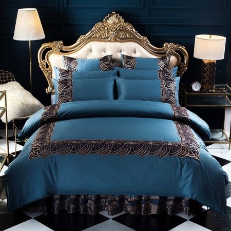 Peacock Blue and Gold Vintage Victorian Lace Border Embroidered Noble Excellence Feminine Adults Full, Queen Size Bedding Sets