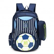 Navy Blue and White Polyester Boys Pupil Preppy School Book Bag Football Sports Themed Soccer Stripe Print Kids Campus Backpack