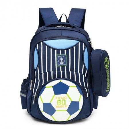 Navy Blue and White Polyester Boys Pupil Preppy School Book Bag Football Sports Themed Soccer Stripe Print Kids Campus Backpack
