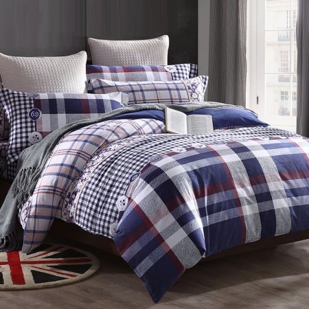 Navy Blue Red Gray and White Plaid Print Simply Chic Masculine Soft Full, Queen Size Bedding Sets