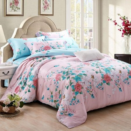 Beautiful Pastel Turquoise White Red Green and Blush Pink Butterfly and Garden Flower Print Fancy Girls Full, Queen Size Bedding Sets
