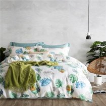 Elegant Lime Green Gray Orange Blue and Coffee Brown Botanical Leaf Print Tropical Hawaiian Vintage Full, Queen Size Bedding Sets