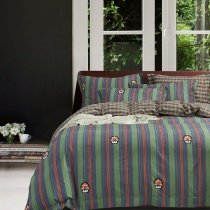 Navy Blue Orange and Lime Green Vertical Stripe Plaid and Mushroom Print Unique Adults Full, Queen Size Bedding Sets