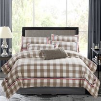 White and Khaki Gingham Plaid Vintage Full, Queen Size Bedding Sets