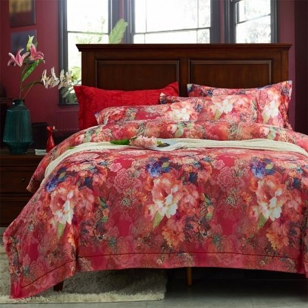 Chinese Red and Pink Peony Blossom Paisley Print Oriental Style Noble Excellence Luxury Full, Queen Size Bedding Sets