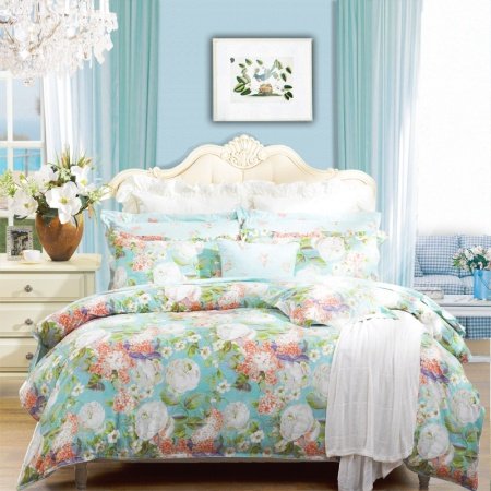 Green Blue White and Pink Country Chic Jungle Safari Themed Vintage Flower Print Full, Queen Size Bedding Sets