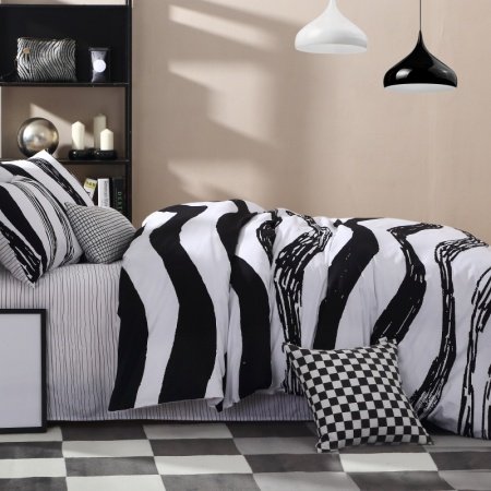 Black and White Luxury Zebra Stripe Print Contemporary Simply Abstract Design Boys, Adult 100% Cotton Damask Full, Queen Size Bedding Sets