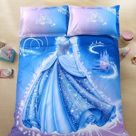 Ice Blue and Lavender Dress Print Crown Princess Style Fantasy Themed 3D Design Sequin Girls 100% Cotton Damask Twin, Full Size Bedding Sets