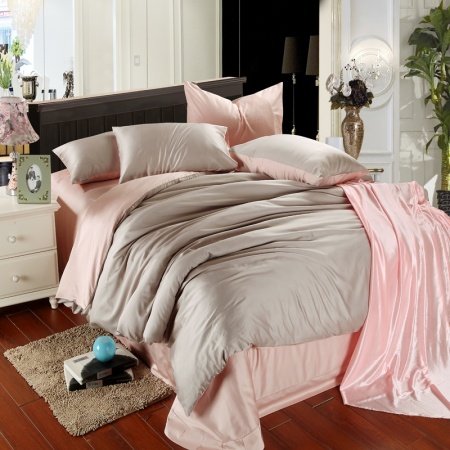 Plain Colored Light Pink and Grey Color Block Simply Chic Noble Excellence Luxury Girls 100% Tencel Full, Queen Size Bedding Sets