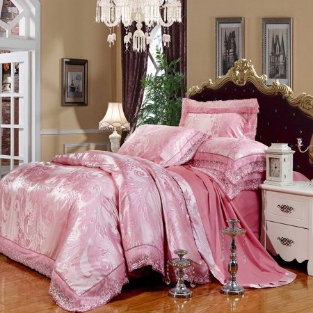 Girls Hot Pink Feather Pattern Girly Themed Luxury Lace Edge Jacquard Design Sequin Full, Queen Size Bedding Sets