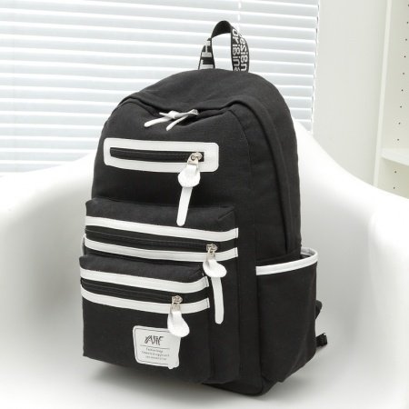 Black Canvas with White Leather Trim Color Blocking School Backpack Contracted Vogue Sewing Pattern Quilted 14 Inch Laptop Bag