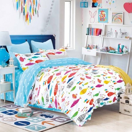 Aqua Purple and Orange Bright Colorful Fish Print Sea Life Reversible 100% Cotton Twin, Full, Queen Size Bedding Sets for Kids