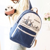 Durable Canvas Lace Girls Preppy School Book Bag Dark Blue Beige Vogue Windmill Polka Dot Personalized Travel 14 Inch Laptop Backpack