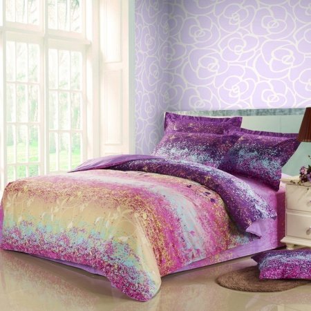Aqua Blue Yellow Pink and Purple Beautiful Country Scene Full, Queen Size 100% Cotton Bedding Sets