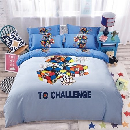 Red Orange Blue and White Rubik's Cube Print Modern Chic Preppy Style Funky Game 100% Cotton Twin, Full Size Bedding Sets for Kids