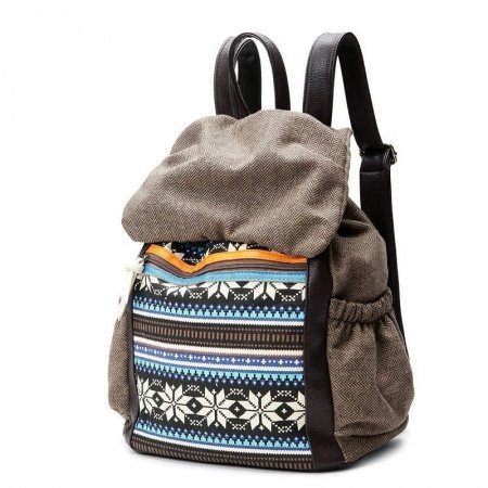 Bohemian Gypsy Style Taupe Brown Canvas Girls Travel Flap Drawstring Bucket Backpack Vintage Holiday Pattern Tribal Print School Book Bag