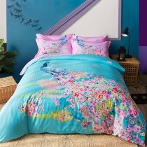 Elegant Girls Turquoise Rose Pink and Lime Green Peacock and Flower Print Jungle Animal Unique 100% Cotton Full, Queen Size Bedding Sets