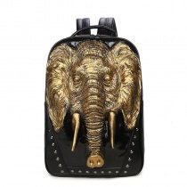 Durable Black Faux Leather with Metallic Gold Elephant Men Travel Laptop Backpack Punk Style Rivet Studded School Campus Book Bag