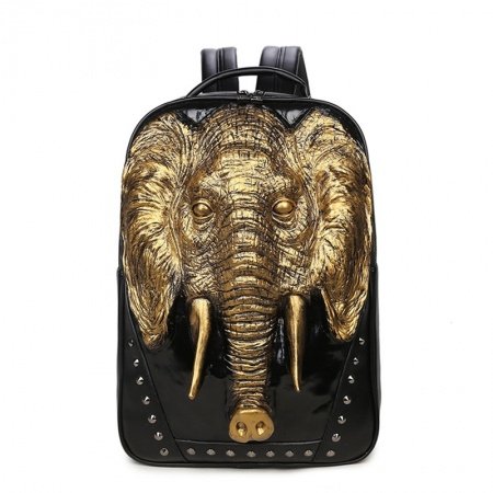 Durable Black Faux Leather with Metallic Gold Elephant Men Travel Laptop Backpack Punk Style Rivet Studded School Campus Book Bag
