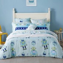 Kids Navy Apple Green and Light Blue Robot Print Funky Style Cartoon Themed Soft Cotton Twin, Full, Queen Size Bedding Sets