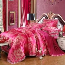 Elegant Girls Rose Red and Gold Boutique Flower Pattern Oriental Style Sexy Lace Edge Jacquard Satin Full, Queen Size Bedding Sets