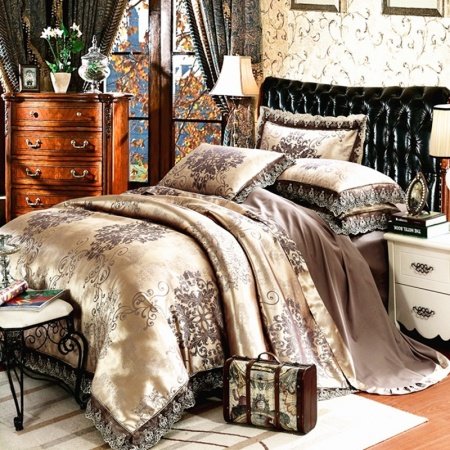 Earth Yellow and Coffee Retro Tribal Pattern Vintage Bohemian Style Jacquard Satin Full, Queen Size Bedding Sets