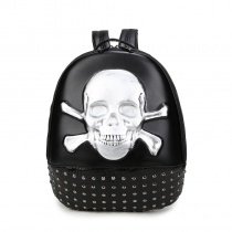 Black Leather Embossed Metallic Silver Skull Crossbones Travel Backpack Punk Rock and Roll Style Rivet Studded Boys School Book Bag