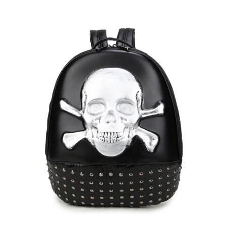 Black Leather Embossed Metallic Silver Skull Crossbones Travel Backpack Punk Rock and Roll Style Rivet Studded Boys School Book Bag