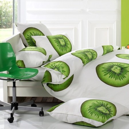 Olive Green and White Fruit Kiwi Print Stylish and Fun Hipster Style Unique 100% Cotton Twin, Full Size Bedding Sets