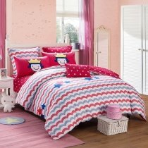 Cerise Red Grey White and Blue ZigZag Stripe and Star Print Unique Reversible 100% Cotton Twin, Full, Queen Size Bedding Sets