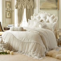 Sophisticated Elegant Beige Flower Print Vintage Victorian Lace Romantic Gathered Ruffle Jacquard Twin, Full, Queen Size Bedding Sets