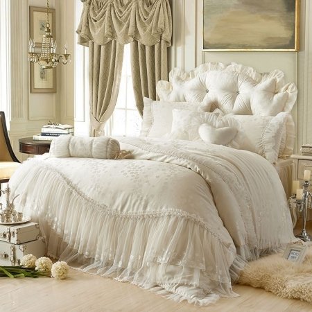 Sophisticated Elegant Beige Flower Print Vintage Victorian Lace Romantic Gathered Ruffle Jacquard Twin, Full, Queen Size Bedding Sets