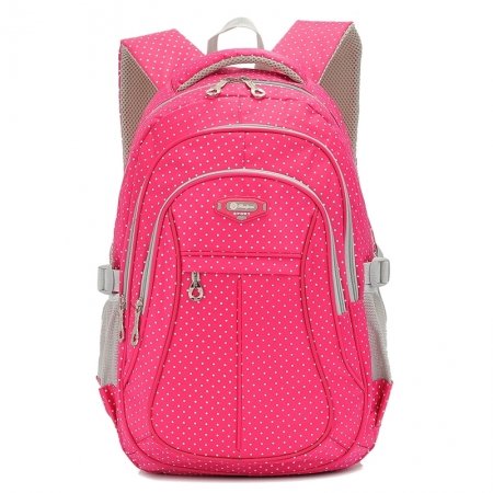 Durable Lightweight Waterproof Rose Red and White Nylon Girls School Backpack Stylish Polka Dot Print Zipper Preppy Campus Book Bag