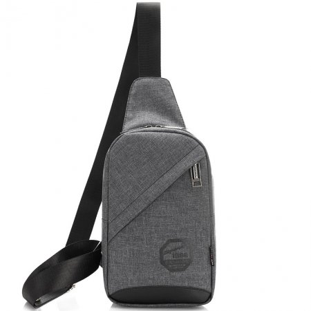 Dark Gray Oxford with Black Leather Men Crossbody Shoulder Chest Bag Vintage Monogrammed Sewing Pattern Casual Travel Sling Backpack