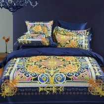 Bohemian Style Dark Blue Yellow Orange and Pink Vintage Gothic Pattern Angle Horse Tribal Scroll Print Full, Queen Size Bedding Sets