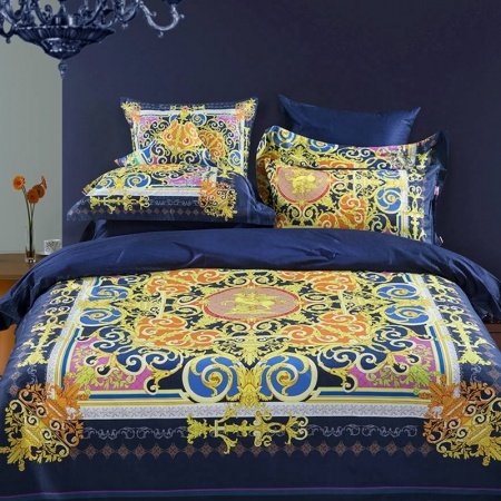 Bohemian Style Dark Blue Yellow Orange and Pink Vintage Gothic Pattern Angle Horse Tribal Scroll Print Full, Queen Size Bedding Sets