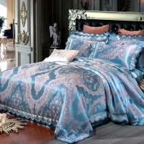 Boutique Pastel Blue and Gray Gothic Pattern Exotic Bohemian Style Jacquard Satin Full, Queen Size Bedding Sets