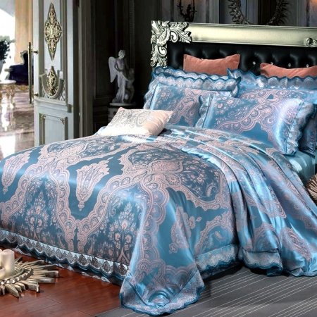 Boutique Pastel Blue and Gray Gothic Pattern Exotic Bohemian Style Jacquard Satin Full, Queen Size Bedding Sets