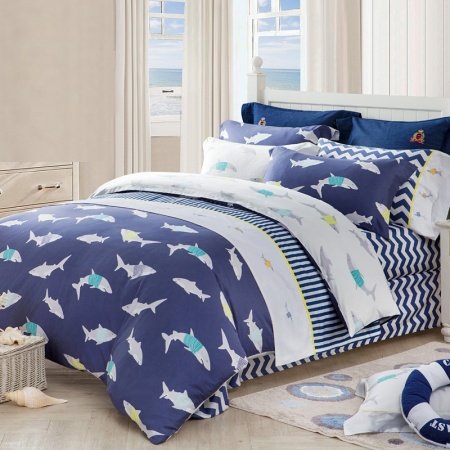 Navy Blue White and Gray Great White Shark Print Ocean Themed Twin, Full Size Bedding Sets