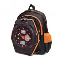 Black and Orange Oxford Pupil Boys Preppy Style Book Bag Monogrammed Clock Pattern Zipper Kids School Campus Backpack