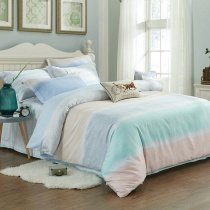 Turquoise Cream and Light Blue Ombre Striped Print Pastel Style Soft Full, Queen Size Bedding Sets