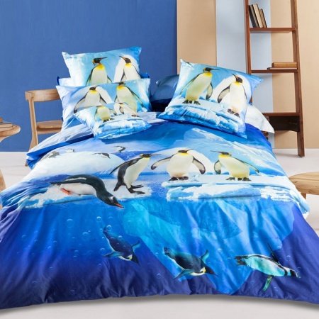 Ocean Blue White and Turquoise Animal Penguin Print Antarctica Marine Themed Kid Boys Girls Full, Queen Size Bedding Sets