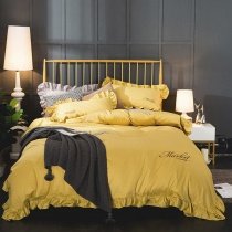 Solid Mango Yellow Plain Color Luxury Embroidered Monogrammed Ruched Ruffle Simply Shabby Chic Full, Queen Size Bedding Sets