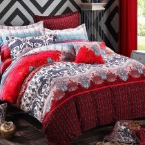 Dark Red Black White and Blue Paisley and Deer Print Native American Themed Moose Crossing Full, Queen Size Bedding Sets