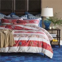 Red Beige Gold Blue and Green Folklore Tribal Bird Victor Flower and Stripe Print Bohemian Shabby Chic Full, Queen Size Bedding Sets